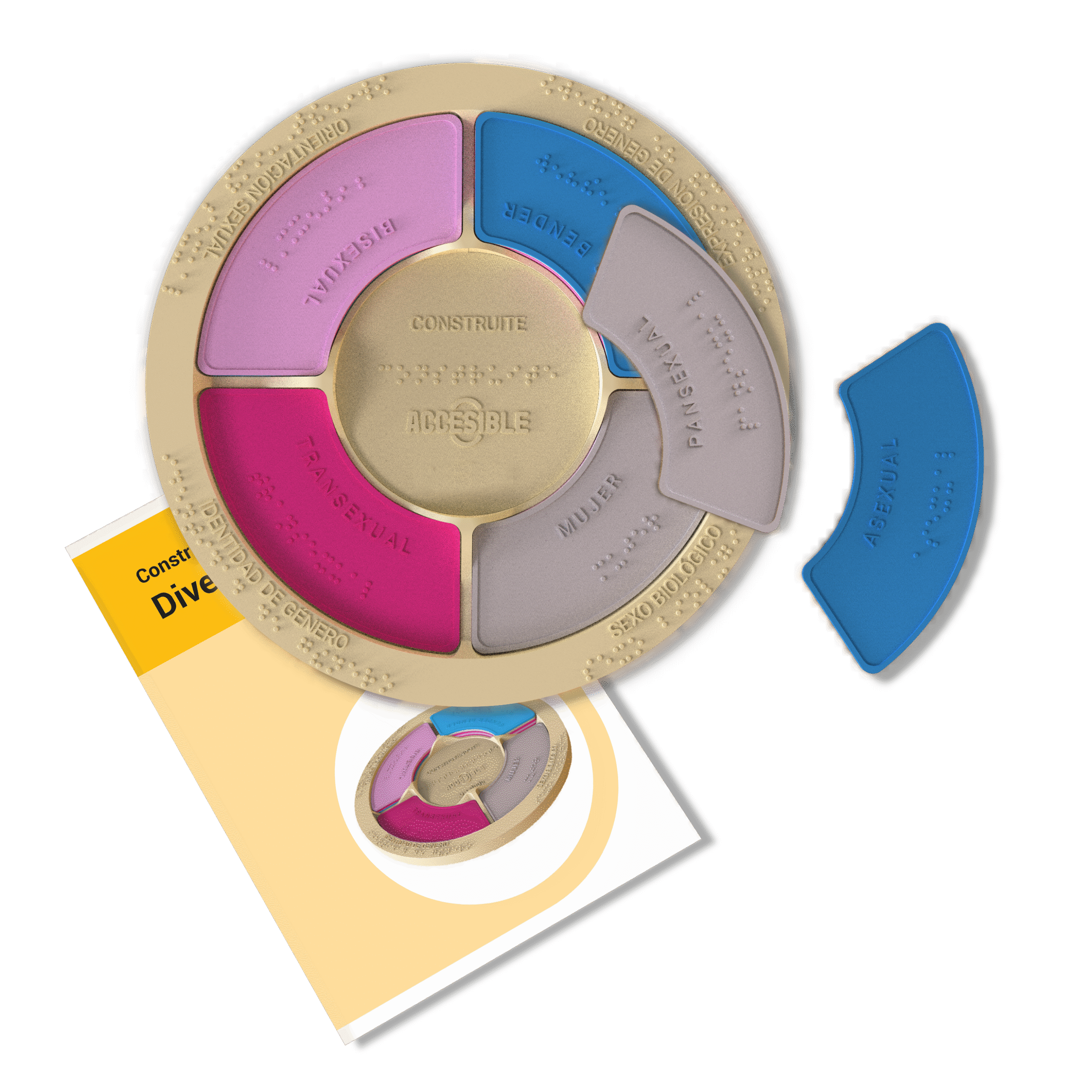 En la imagen se observa el conjunto Construite, impreso en 3D, acompañado por su folleto informativo.